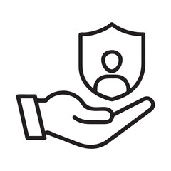 Hand Holding Shield with Person Icon Outline, Hand holding a shield with checkmark. Insurance and protection concept editable stroke outline icon isolated on white background