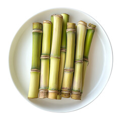 Fototapeta premium Fresh sugarcane stalks arranged neatly on a transparent plate against a clean transparent background, sugarcane in transparent plate on transparent background