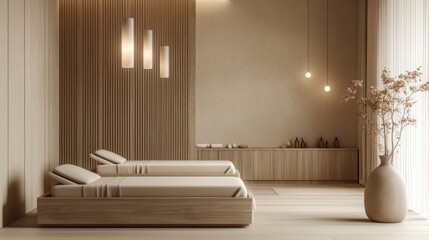 Fototapeta premium Serene spa room with massage beds, minimalist design