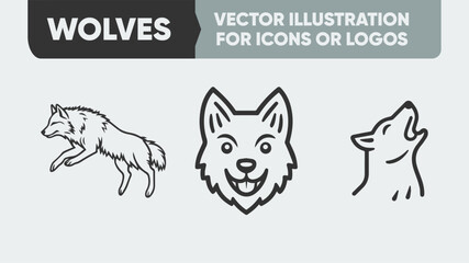 Minimalist Wolf Line Art Icons - Wild Animal Vector Set for Mascot Logos & Branding