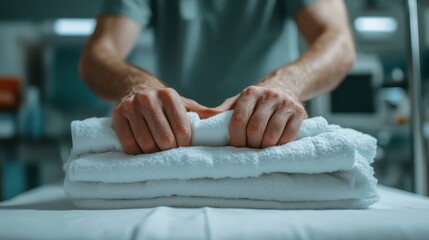 Obraz premium A close-up image of a person's hands expertly folding stacked white towels, representing domesticity, comfort, and the joy found in everyday life’s simple tasks.