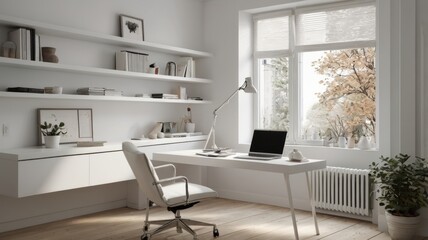 Minimalist White Workspace with Ergonomic C   