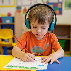young boy coloring wearing earplug