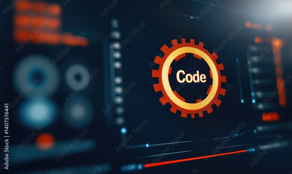 Poster digital code gear icon on a modern tech screen displaying programming concept