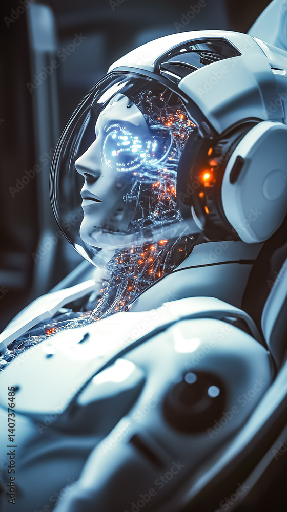 Poster Robot with glowing circuitry and futuristic design is reclining in a modern setting. Advanced technology is showcased with illuminated details. Concept of robotics, tech innovation, sci-fi