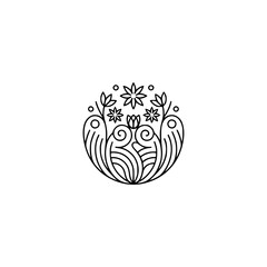 Floral Emblem Logo in Minimalist Line Art Style on White Background