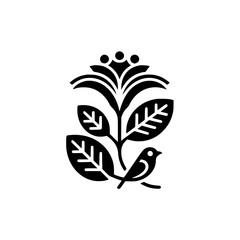 Minimalist Black Bird and Flora Logo, Geometric Nature Illustration
