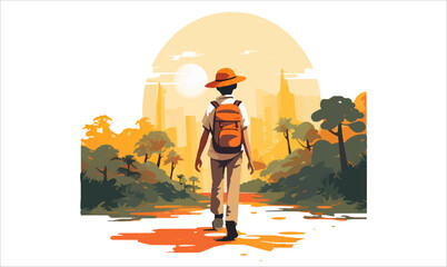 Flat Vector Boy Walking In The Forest