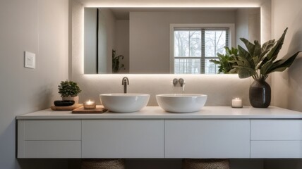Fototapeta premium Modern White Powder Room with Backlit Mirro 