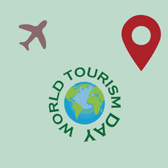 World Tourism Day. Travelling concept with an airplane, world map and navigation icons isolated on a blue background. EPS file.