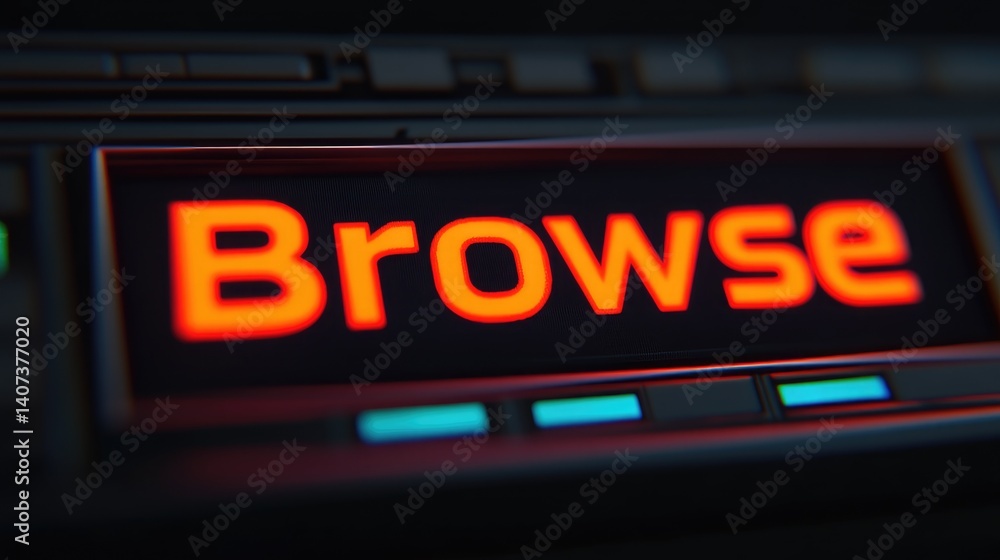 Poster red illuminated digital display screen showing browse option on a futuristic device high tech interf