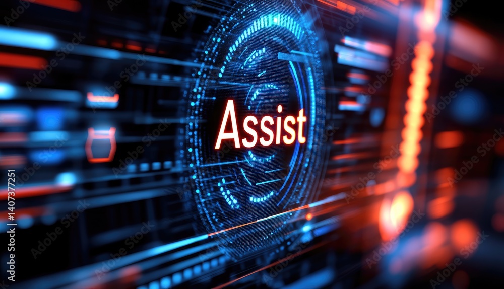 Poster digital assistance technology interface showing help support system futuristic glowing screen displa