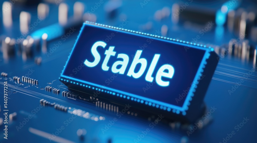 Poster Stable System Data Display on Modern Circuit Board Technology Blue Digital Screen Shows Stable Network Status