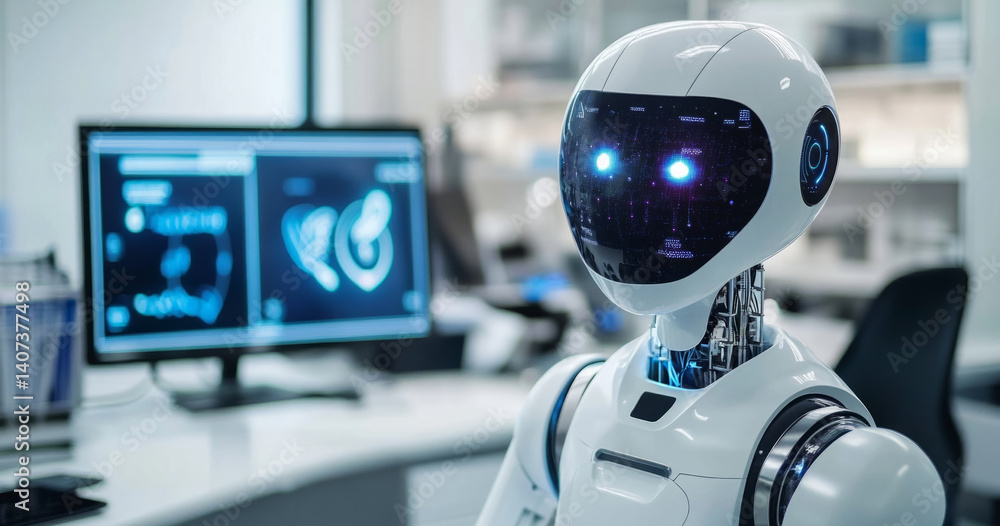 Poster A synthetic robot equipped with futuristic features stands in a high-tech laboratory. Monitors in the background display complex data on consciousness and human-like traits.