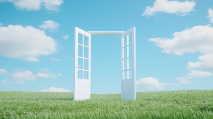 Open white doors leading to a bright sunny field with green grass a blue sky A new beginning freedom concept