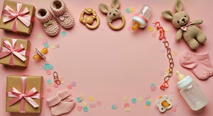 Fototapeta premium Baby Shower Gifts Flat Lay JPG - Boxes Socks Booties Toys Pastel Pink Background Newborn Concept Photo