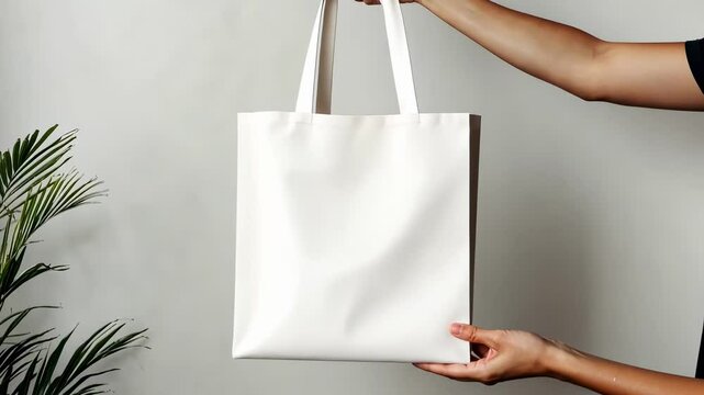 Woman presents a blank white tote bag mockup. Offering various angles and positions against a minimalist white backdrop. Accented by a single potted plant. Ideal for showcasing designs or branding
