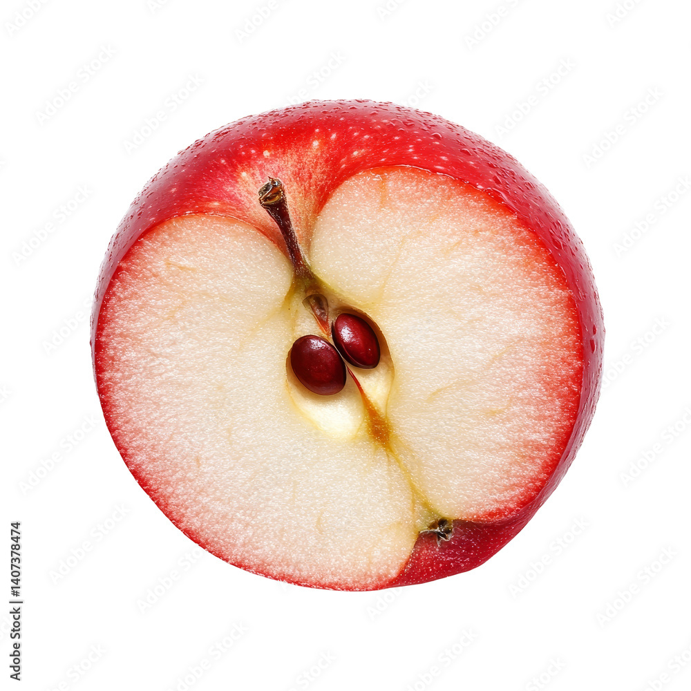 Poster freshly cut slice of red apple fruit without seeds on a transparent background highlighting its natu