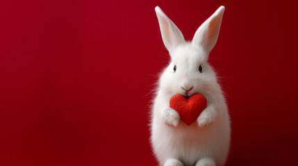 Obraz premium a white rabbit holding a red heart on a red background.