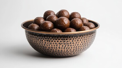 Chocolate Covered Dates in Traditional Copper Bowl on White Background