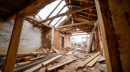 an old building is being renovated, with exposed beams and the roof damaged.
