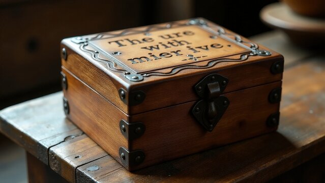 Intricately designed wooden box with metal accents on rustic table.