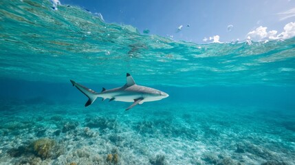 Obraz premium a shark swimming in the clear blue ocean.