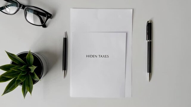 Several documents with the inscription hidden taxes lie on a gray office desk, along with two pens, glasses and a small potted plant, creating a scene related to tax season and financial matters