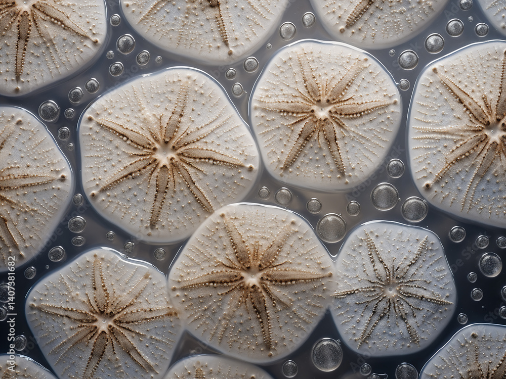 Poster surface of a sand dollar showing fine patterns and a starred texture from the ocean