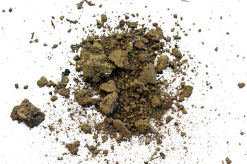 Dirt, soil pile flying isolated on white background
