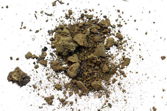 Dirt, soil pile flying isolated on white background
