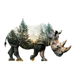 Fototapeta premium A powerful rhino traverses a forest in a stunning double exposure showcasing natures beauty and strength, Rhino and forest double exposure, concept of power of the nature with transparent background