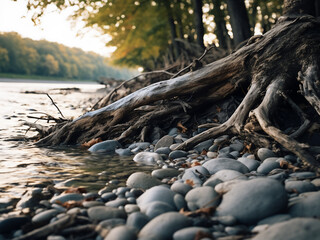 Calm river water with sandy bank and exposed tree roots creating a peaceful scene