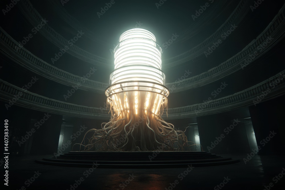 Poster a mesmerizing glowing structure with intertwined tendrils stands prominently, illuminated within a d