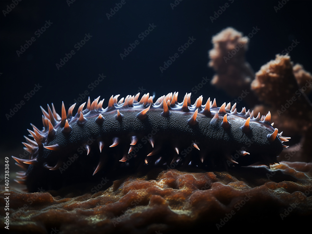 Poster sea cucumber crawling on the bottom filtering sediment with steady purpose