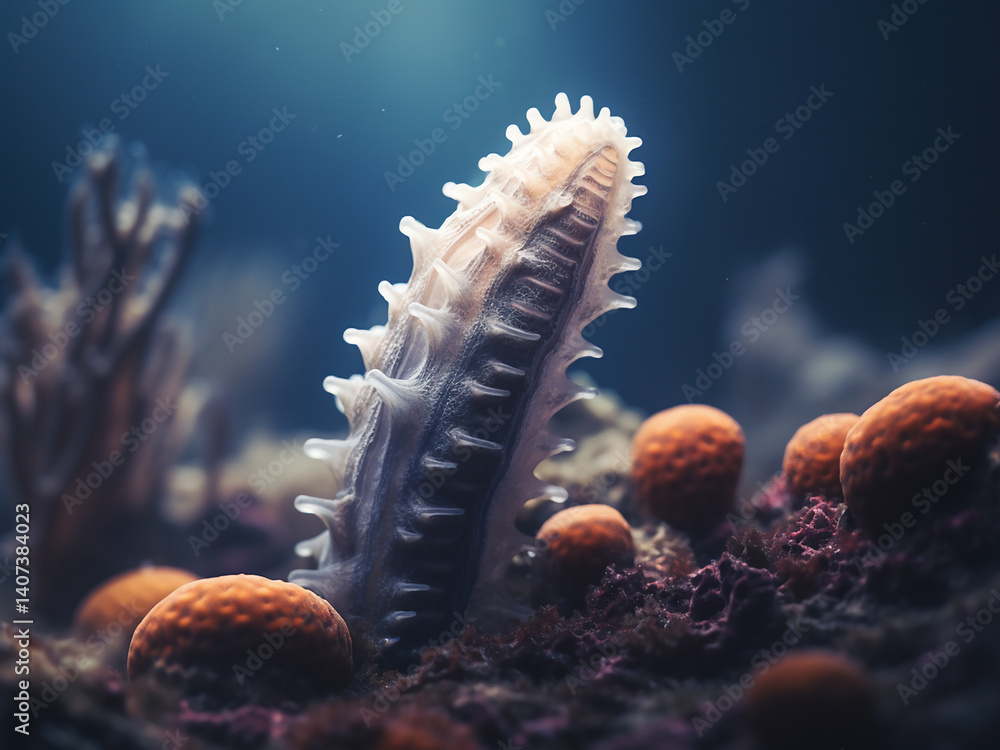 Poster sea cucumber crawling slowly filtering sediment bottom cleaning continuously steady natural role