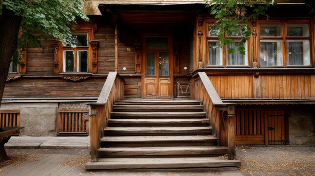 wooden building with stairs leading up to the front door.