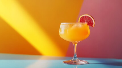 Refreshing Orange Mocktail or Cocktail in Elegant Glass with Grapefruit Garnish on Colorful Minimalist Background. Vibrant photo with space for text