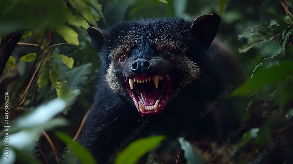 Poster a lethal tasmanian devil snarling in dense bushland, sharp fangs bared, high-definition macro shot c