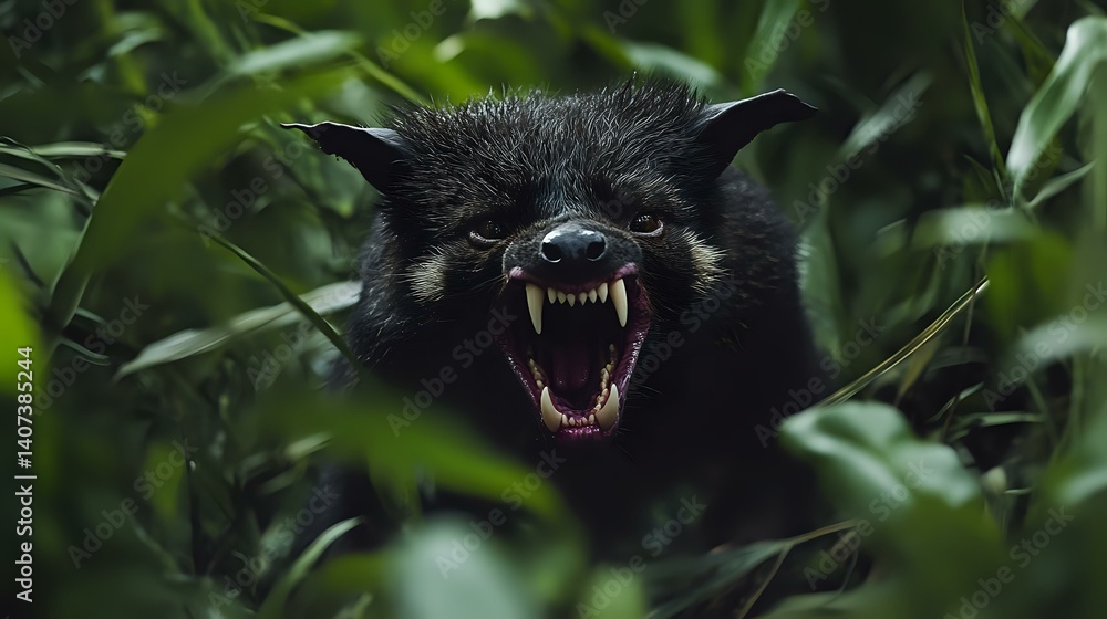 Aufkleber a lethal tasmanian devil snarling in dense bushland, sharp fangs bared, high-definition macro shot c