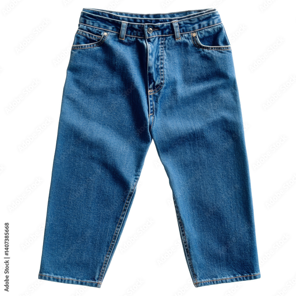 Poster front view of blank, empty denim jeans displayed on a plain transparent background for design review