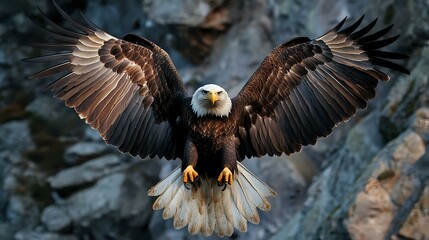 Fototapeta premium A majestic bald eagle soaring over rocky cliffs, razor-sharp talons extended, intense gaze focused below, ultra-sharp details, natural lighting enhancing feathers