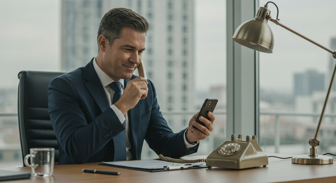 Confident businessman using phone and smartphone in modern office elegant desk setup with soft