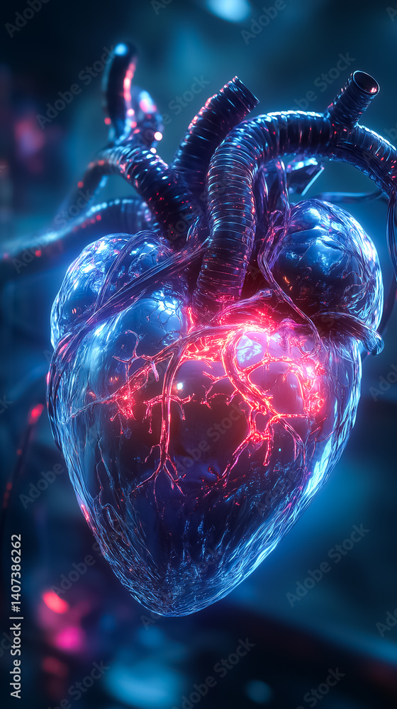 Poster 3d rendered heart with illuminated veins pulsating in dark surreal environment. vivid lighting highl