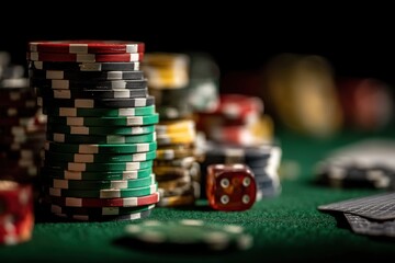 Fototapeta premium An inviting casino table setting features colorful poker chips, a red dice, and cards, creating a scene of anticipation and chance, promising excitement and risk for gamblers.