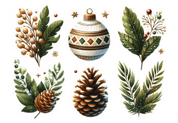Fototapeta premium Hand-painted watercolor Christmas stickers featuring rustic wooden elements, pine cones, and lush green leaves, designed for eco-conscious holiday decorations and greeting cards
