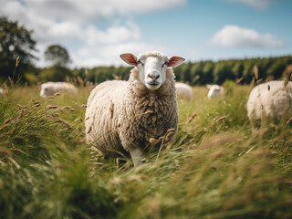 Obraz premium Sheep grazing in a peaceful pasture, cropping grass, with thick wool growing around them