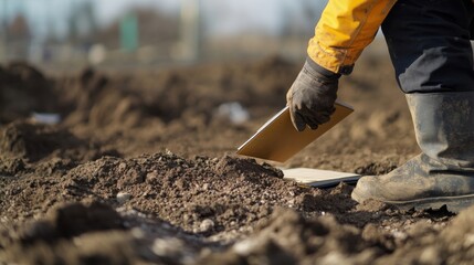 Geotechnical engineer collecting soil sample at excavation site. Featuring precision and analysis