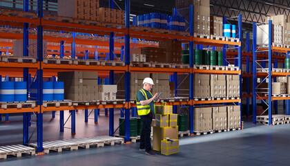 Man storekeeper. Customs officer near racks of boxes. Storekeeper with tablet keeps track of goods....