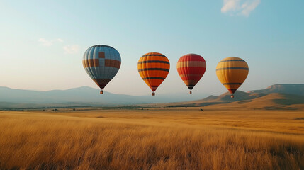 Obraz premium Hot air balloons flying over golden field at sunset